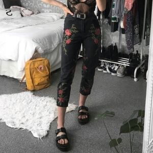 Floral Embroidered Black Denim Pants